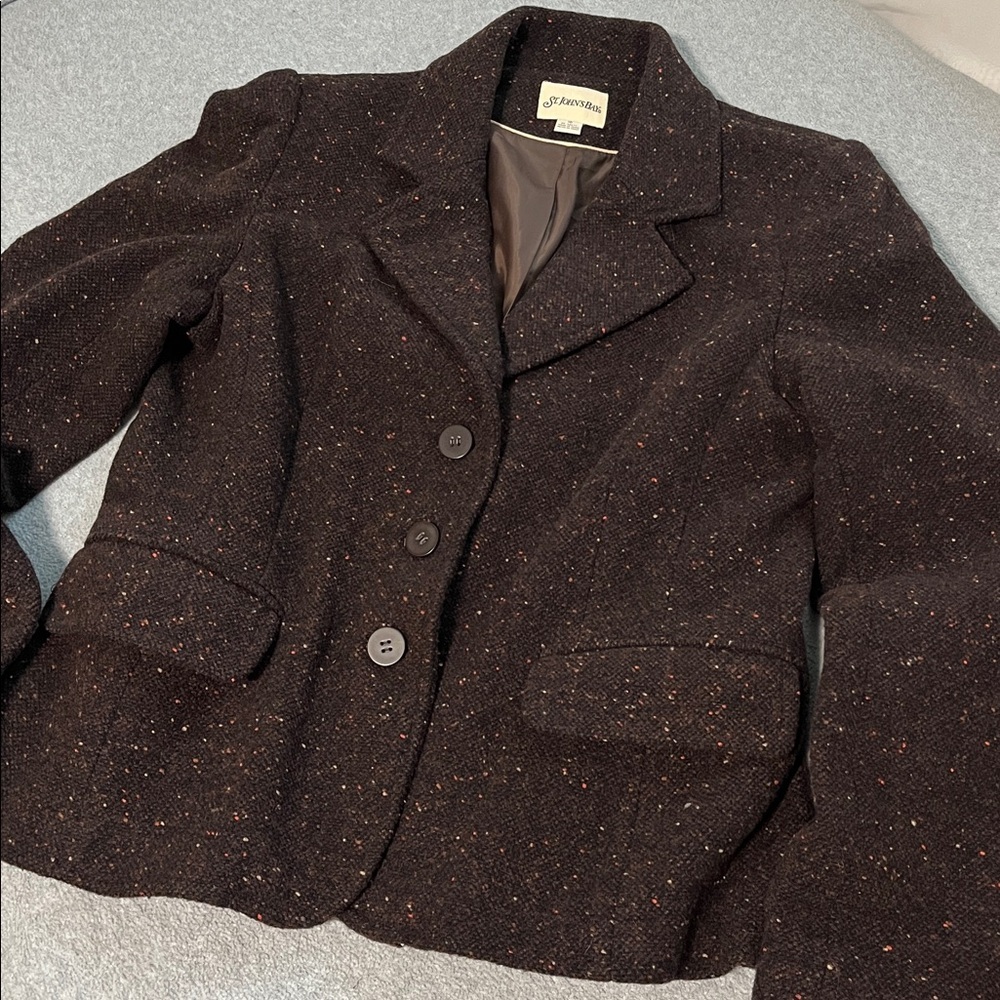 Womens Tweed Wool Blazer Jacket Medium Brown Office Career Old Money Preppy - Picture 11 of 11